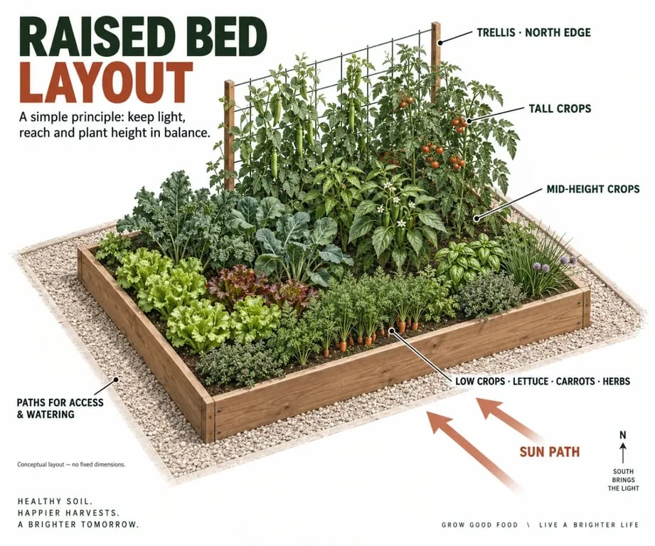 Raised bed layouts showing trellis placement, crop height zones, sunlight direction and access paths