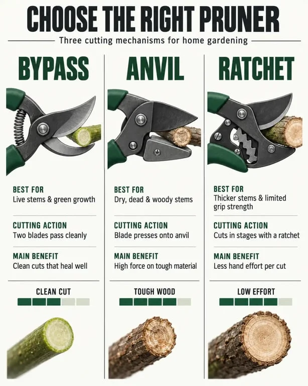 Gardening essentials: comparison of bypass, anvil, and ratchet pruners