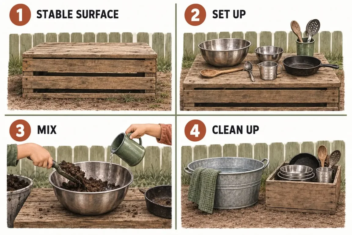 DIY mud kitchen setup showing the main building and play stages