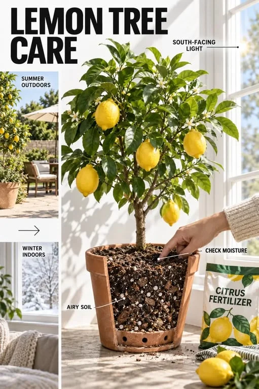 Lemon tree care routine for light, watering, drainage, feeding, and overwintering