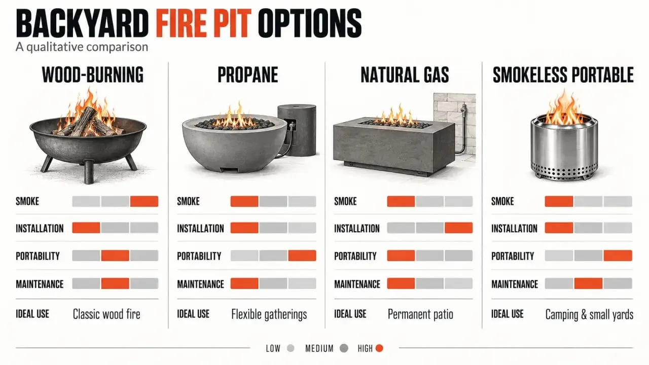 Back yard with fire pit: infographic comparing wood-burning, propane, natural-gas, and smokeless fire pit options