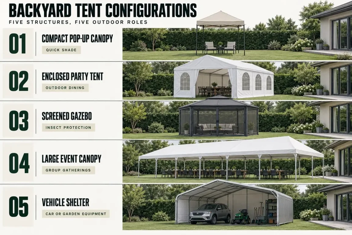 Back yard tent configurations for shade, parties, screened seating, events and vehicle protection