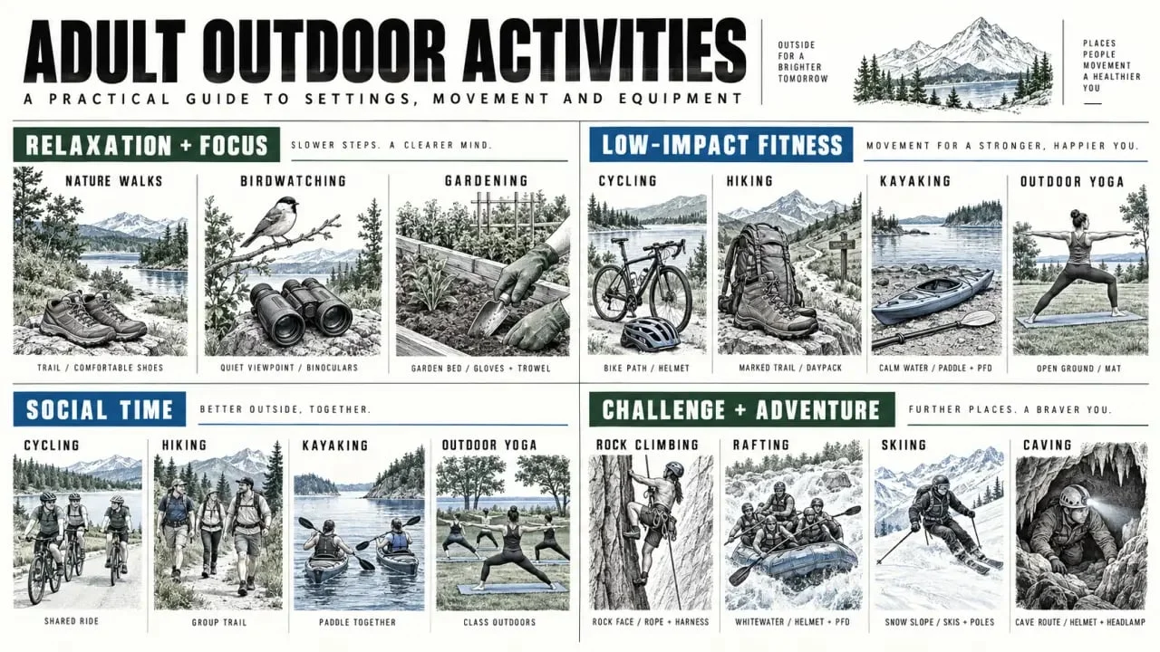 Adult outdoor activities grouped by relaxation, fitness, social time, and adventure