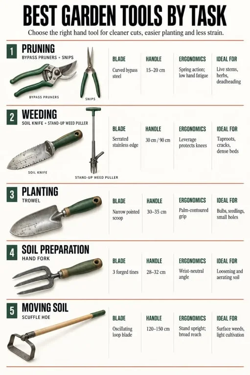 Best garden tools grouped by gardening task, tool type and ergonomic benefit