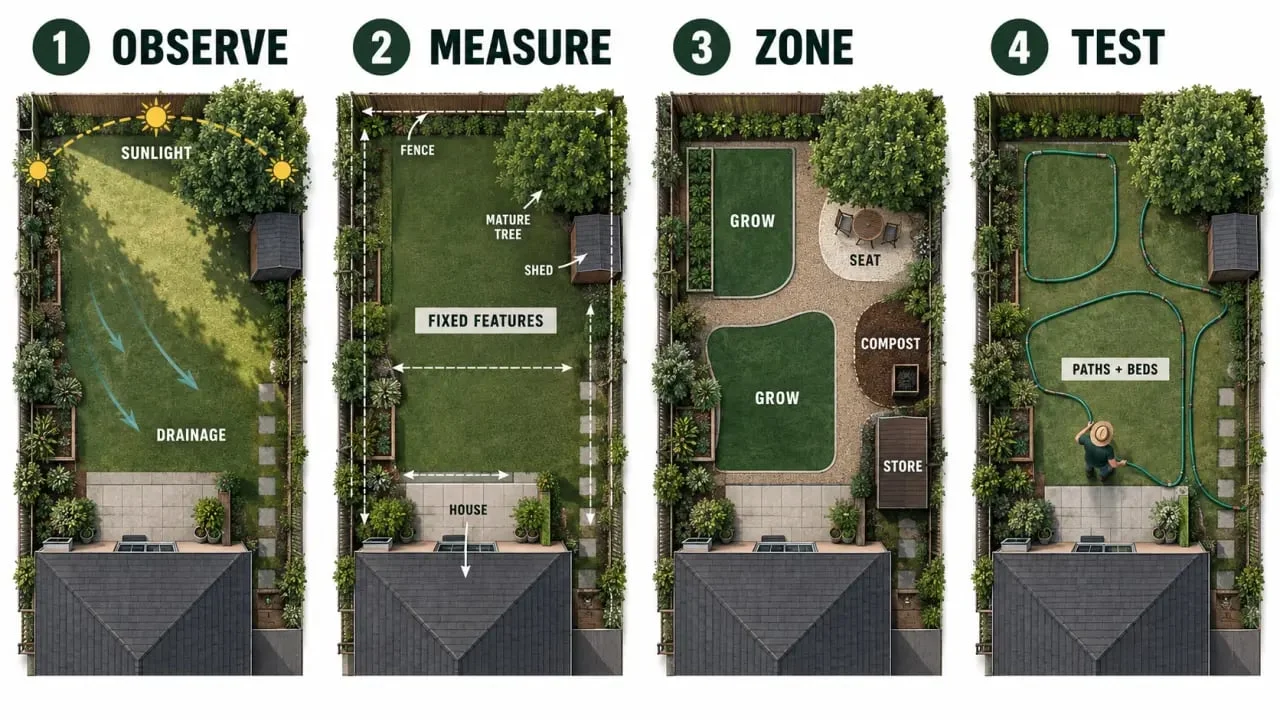 How to design a garden layout kdagardenation: visual process from observation and measurement to zoning and testing