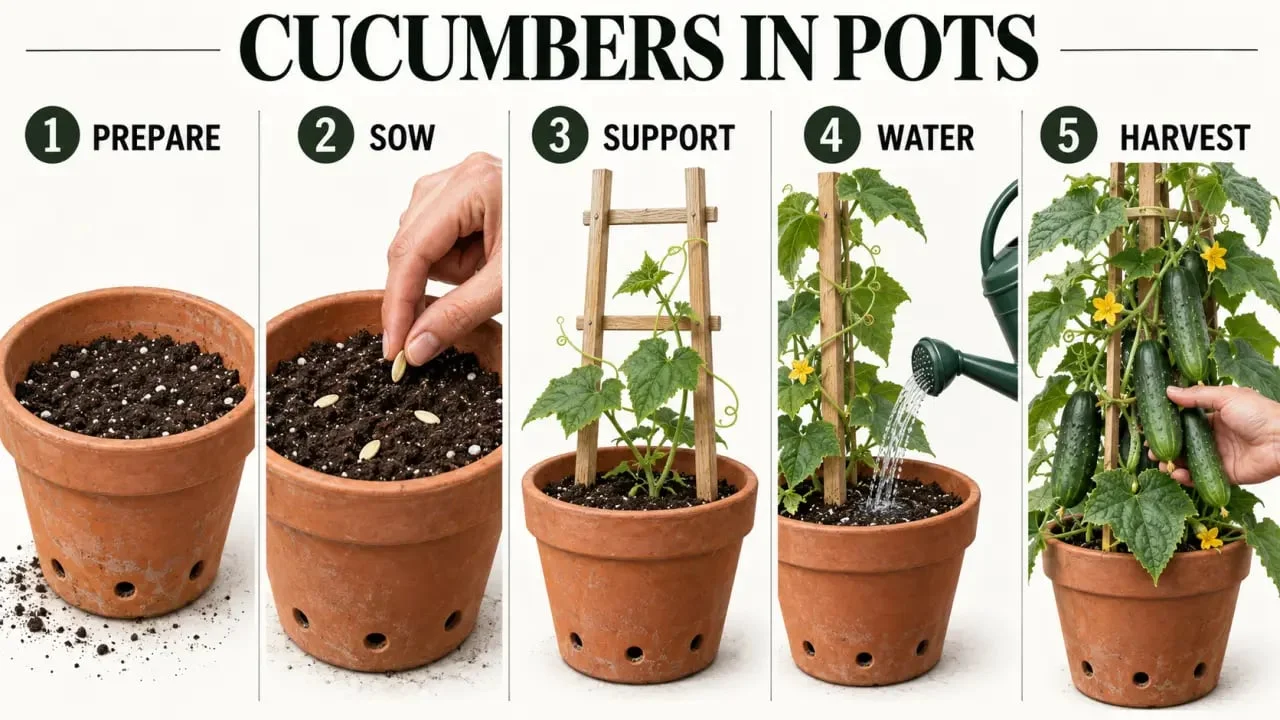 Step-by-step illustration for planting cucumbers in pots with a trellis, watering, and harvesting